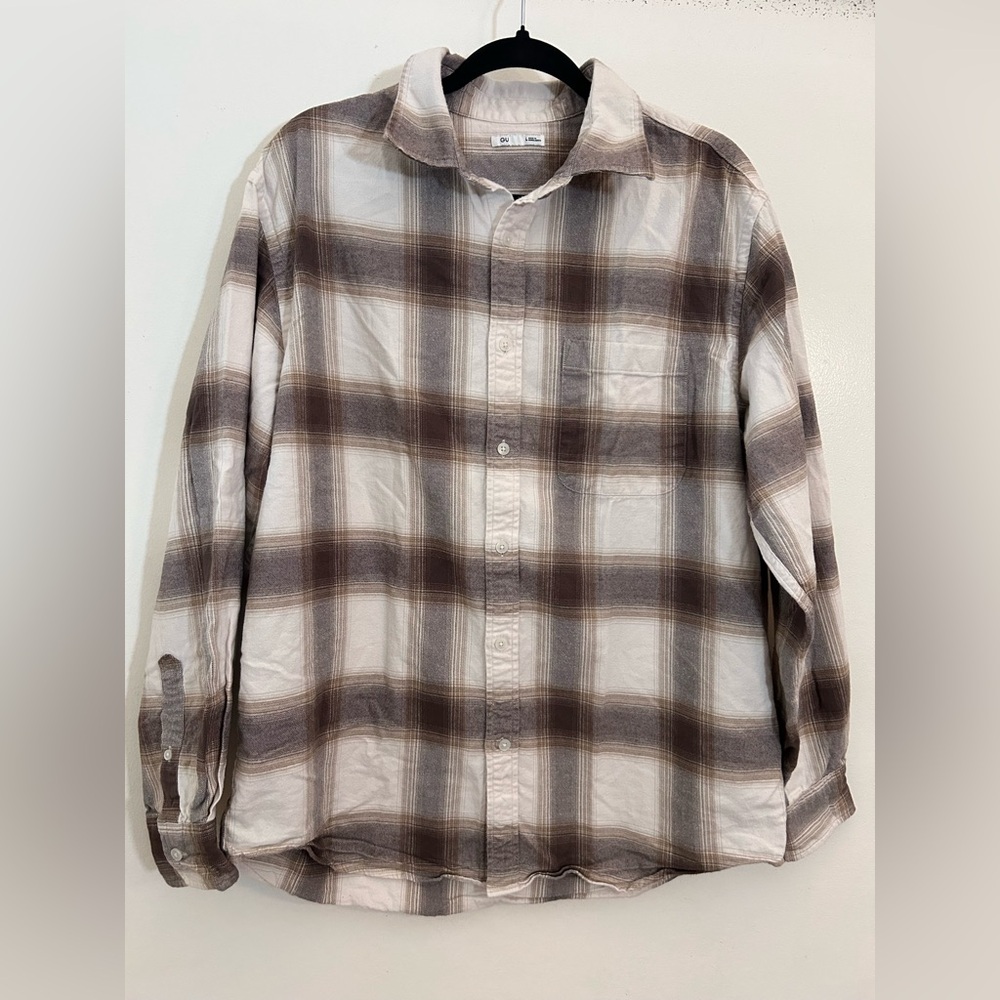 GU Mens Flannel Shirt Long Sleeve Button Down Plaid Cream White Brown Large / L